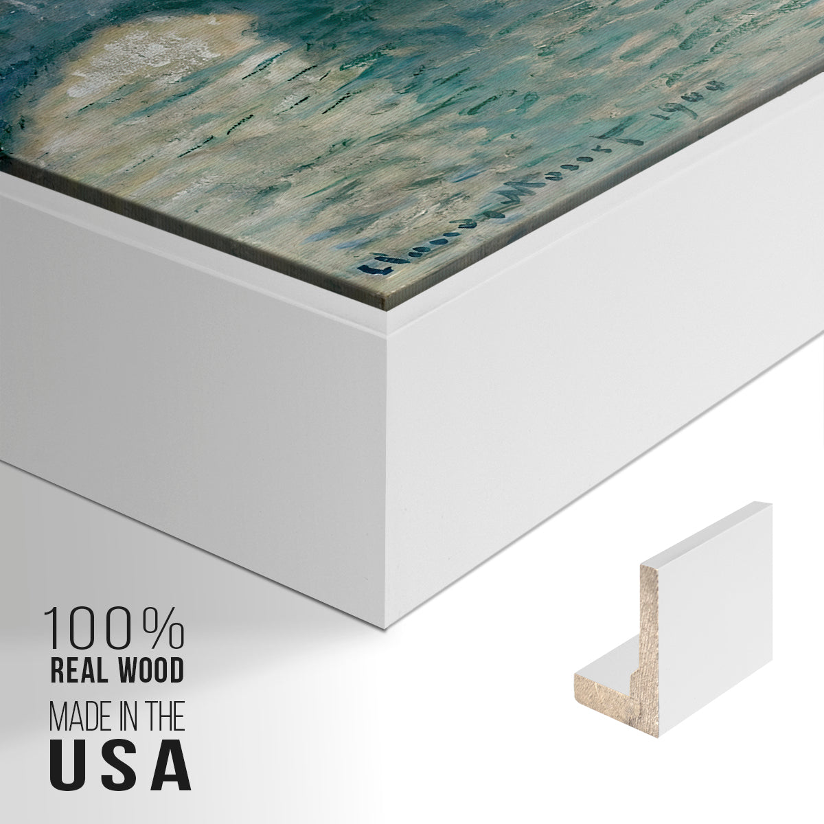 Close-up of the white floater frame corner and gallery wrapped canvas construction.