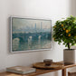 Waterloo Bridge, Gray Weather, 1900 by Claude Monet, presented in a white floater framed canvas featuring a hazy view of Waterloo Bridge over river in gray atmospheric light, displayed above a hallway console table.
