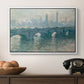 Waterloo Bridge, Gray Weather, 1900 by Claude Monet in a white floater framed canvas displayed above a console table in a hallway, featuring an atmospheric urban landscape with misty light and reflections.