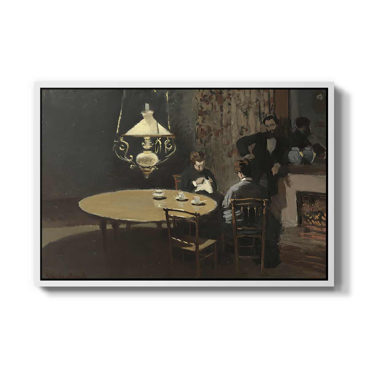 Interior, after Dinner, 1868-1869 by Claude Monet in a white floater framed canvas wall art display.