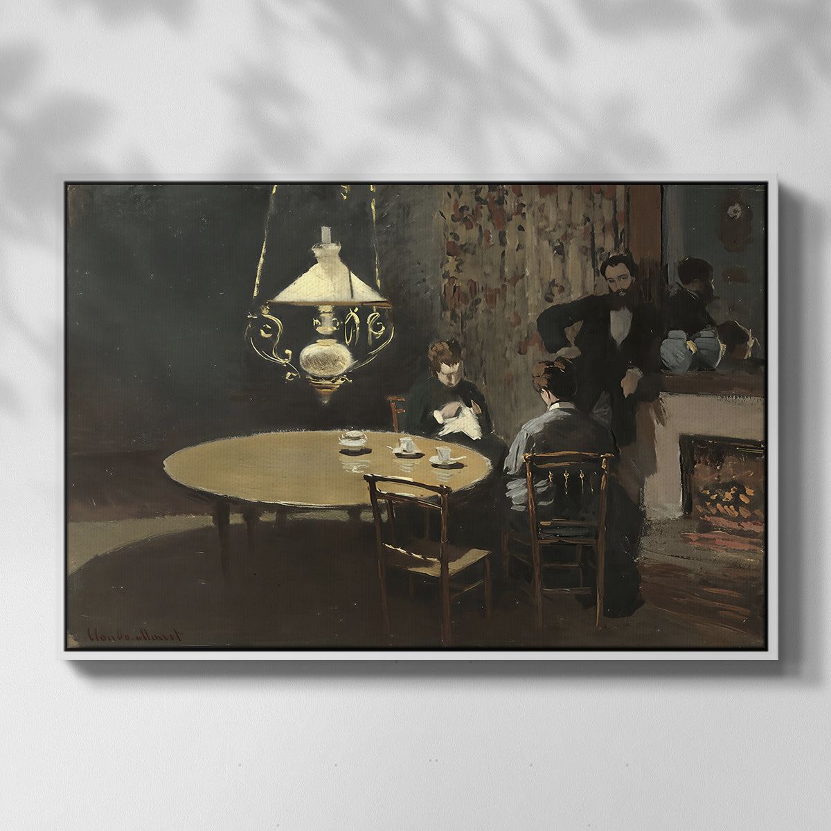Front view of Interior, after Dinner, 1868-1869 by Claude Monet in a white floater framed canvas.