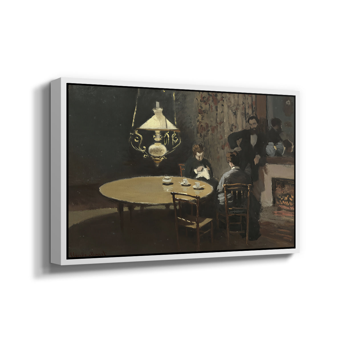 Angled view of Interior, after Dinner, 1868-1869 by Claude Monet in a white floater framed canvas.
