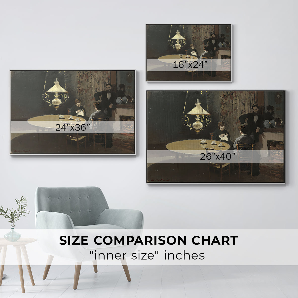 Size comparison chart for white floater framed canvas featuring Interior, after Dinner, 1868-1869 by Claude Monet.