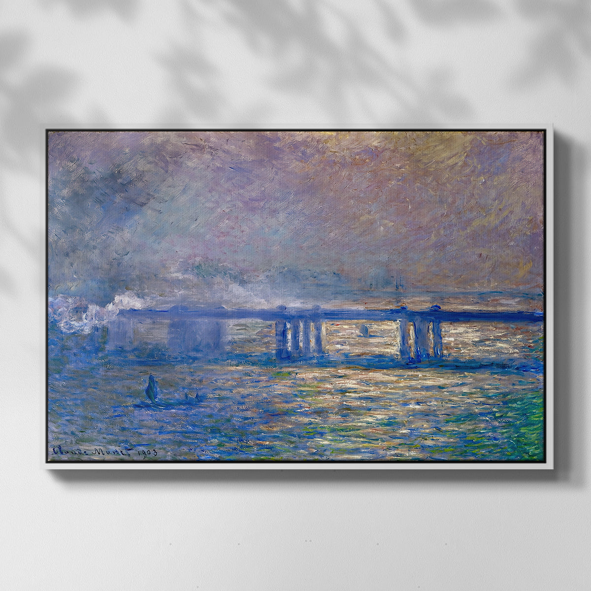 Front view of Charing Cross Bridge, 1903 by Claude Monet in a white floater framed canvas.