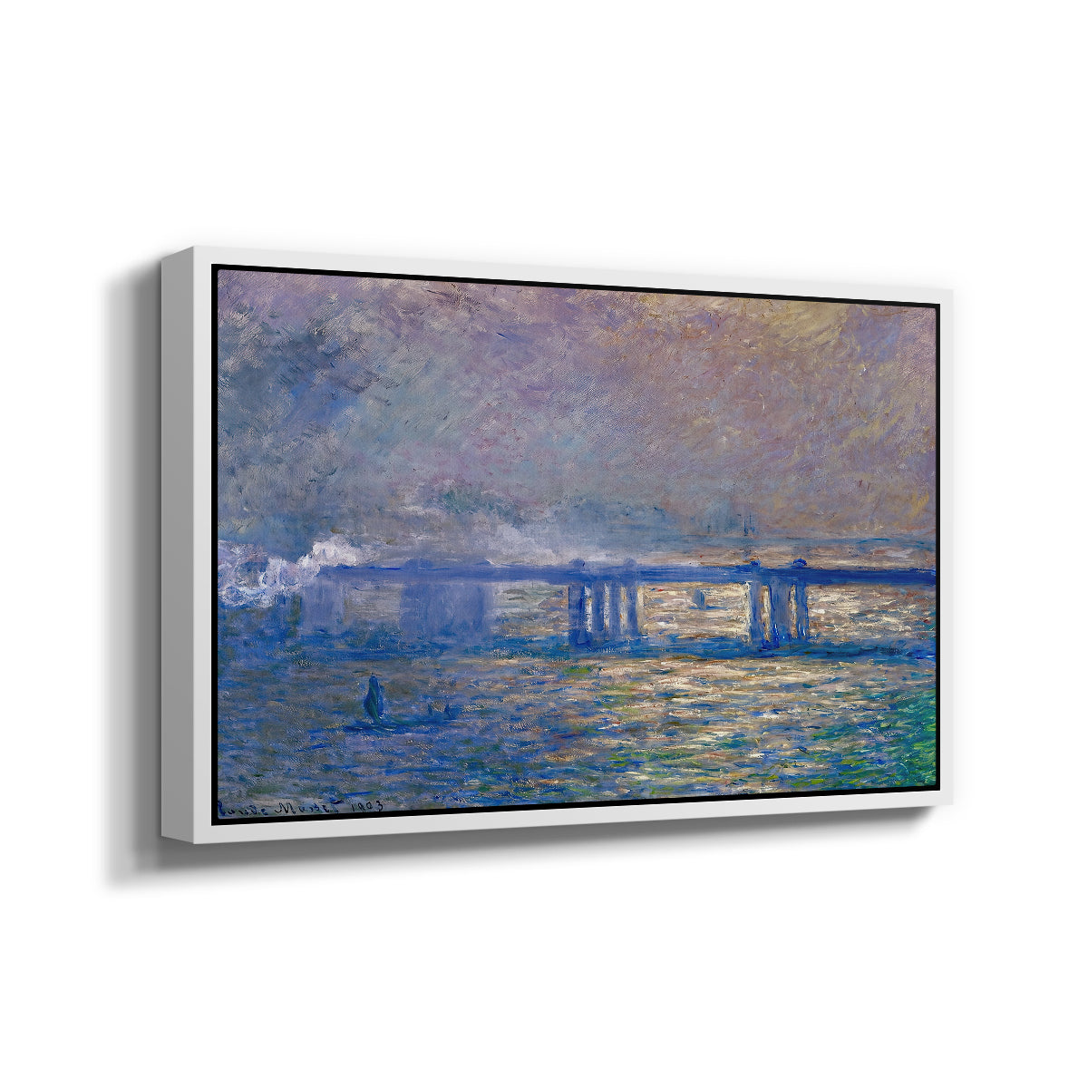 Angled view of Charing Cross Bridge, 1903 by Claude Monet in a white floater framed canvas.