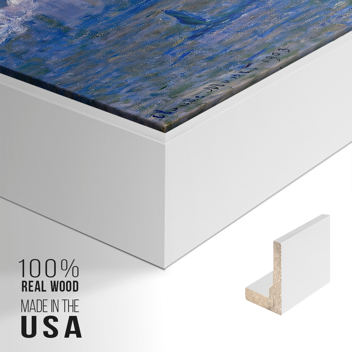 Close-up of the white floater frame corner and gallery wrapped canvas construction.