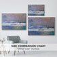 Size comparison chart for white floater framed canvas featuring Charing Cross Bridge, 1903 by Claude Monet.