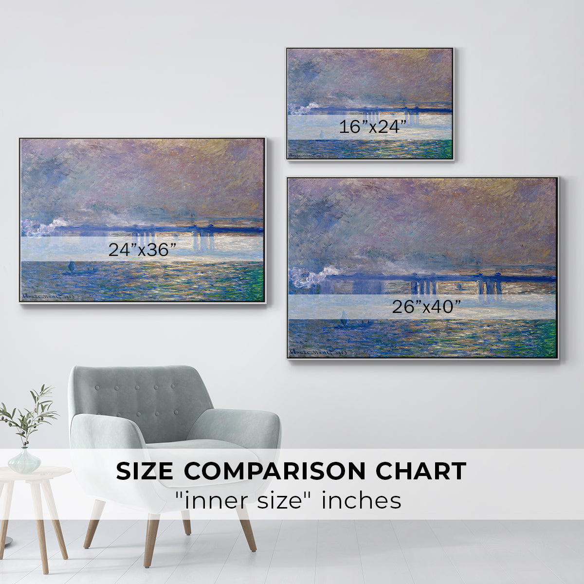 Size comparison chart for white floater framed canvas featuring Charing Cross Bridge, 1903 by Claude Monet.