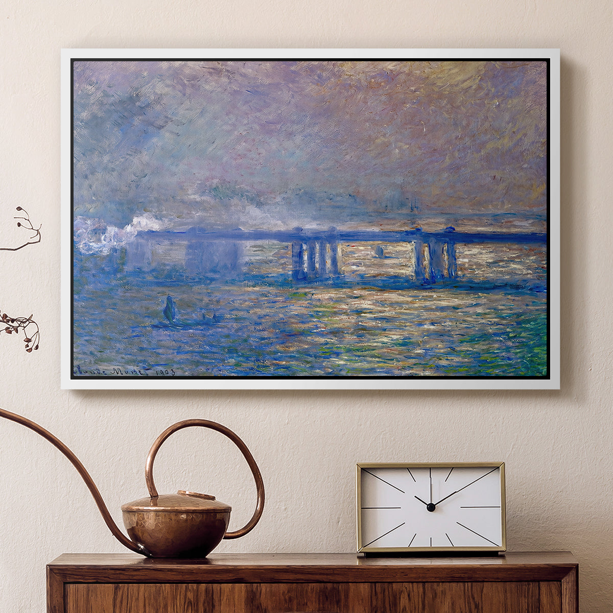 White floater framed canvas featuring an atmospheric depiction of London bridge with reflections in water, displayed above a cabinet in a soft-toned living room.