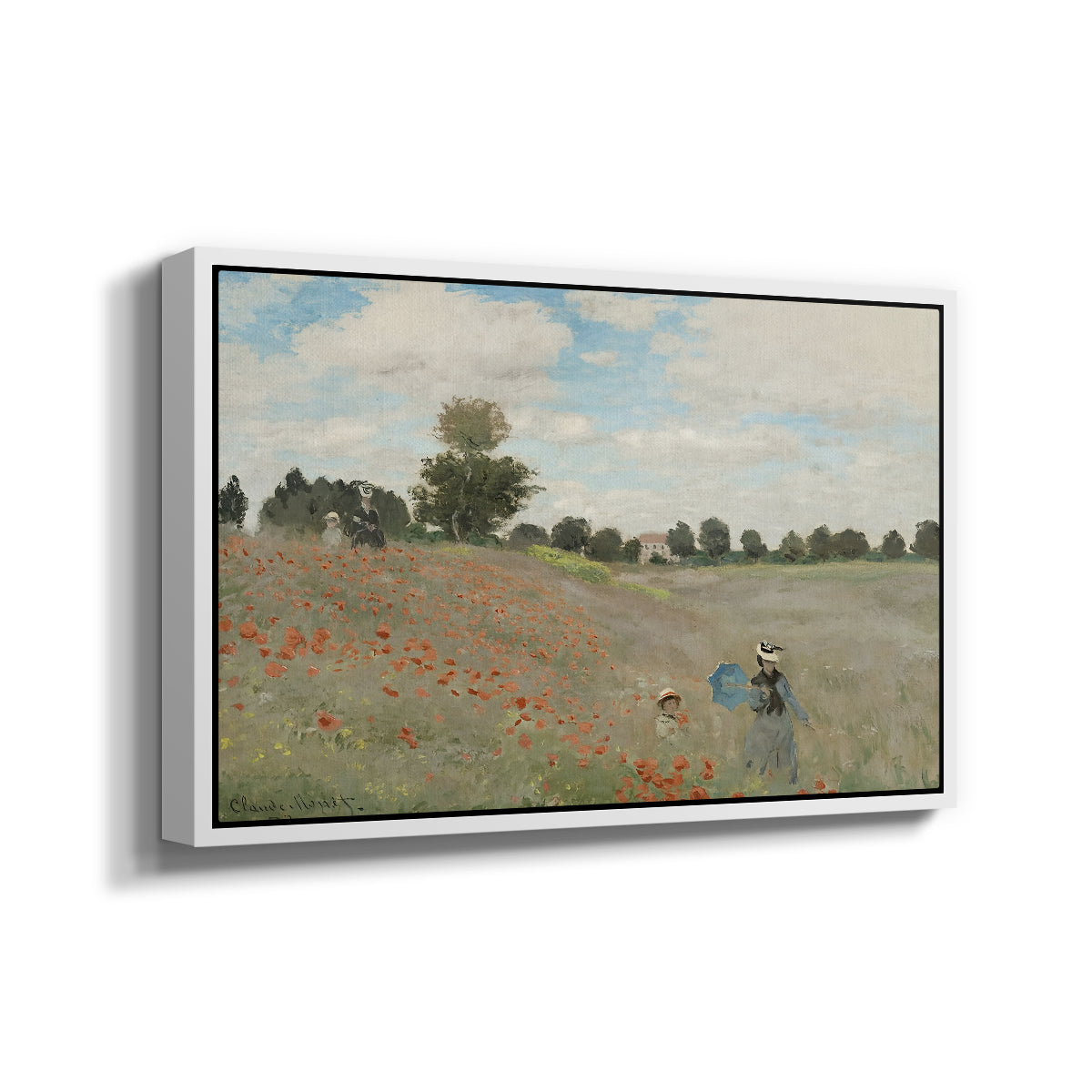 Angled view of The Poppy Field near Argenteuil, 1873 by Claude Monet in a white floater framed canvas.