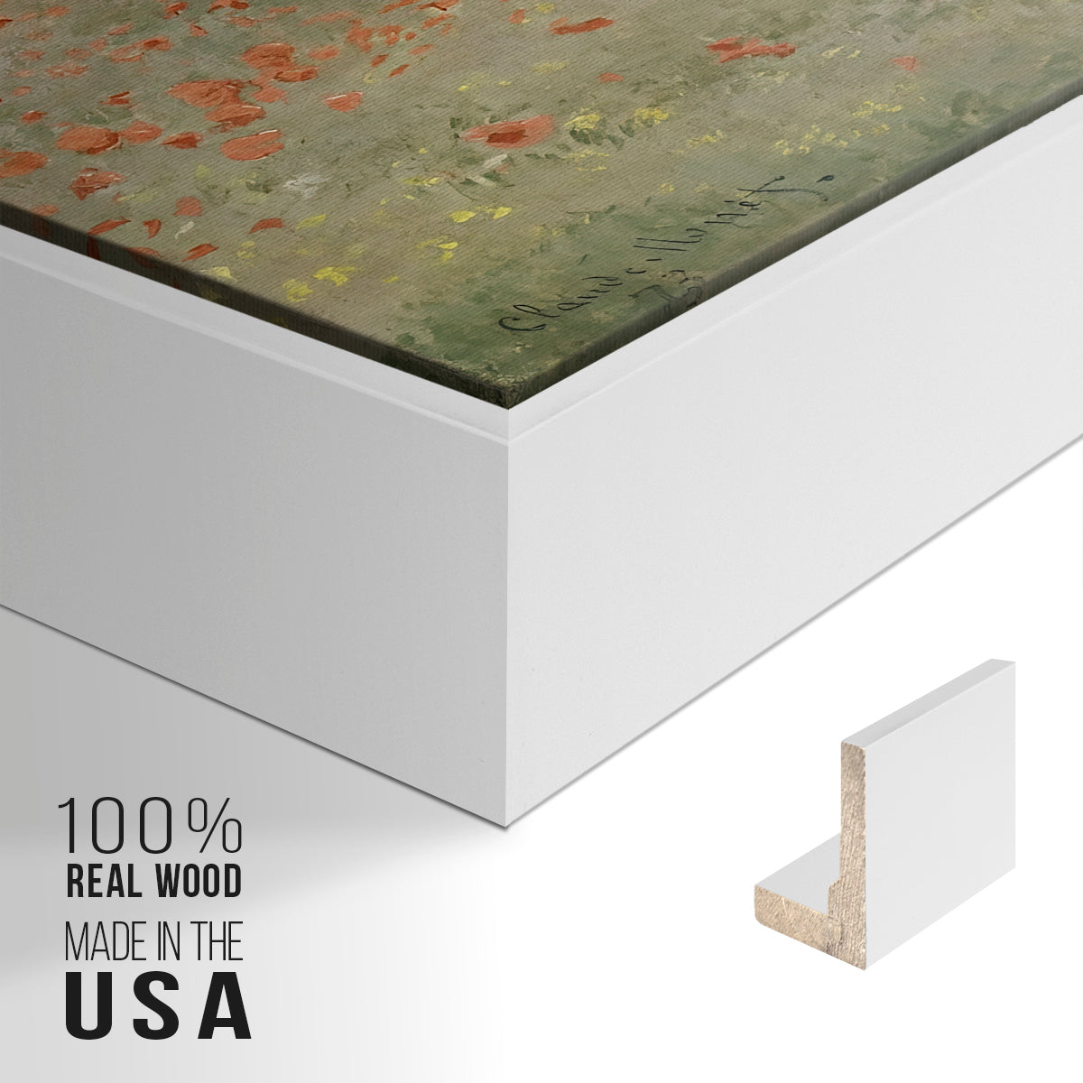 Close-up of the white floater frame corner and gallery wrapped canvas construction.