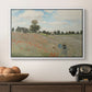 The Poppy Field near Argenteuil, 1873 by Claude Monet in a white floater framed canvas displayed above a console table in a hallway, featuring a rural landscape with scattered figures among blooming flowers.
