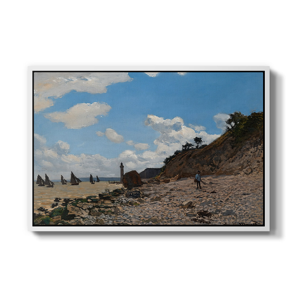 The Beach at Honfleur, 1864 by Claude Monet in a white floater framed canvas wall art display.
