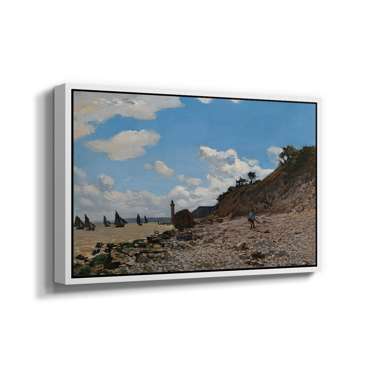 Angled view of The Beach at Honfleur, 1864 by Claude Monet in a white floater framed canvas.