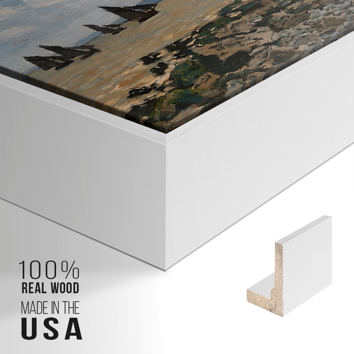 Close-up of the white floater frame corner and gallery wrapped canvas construction.