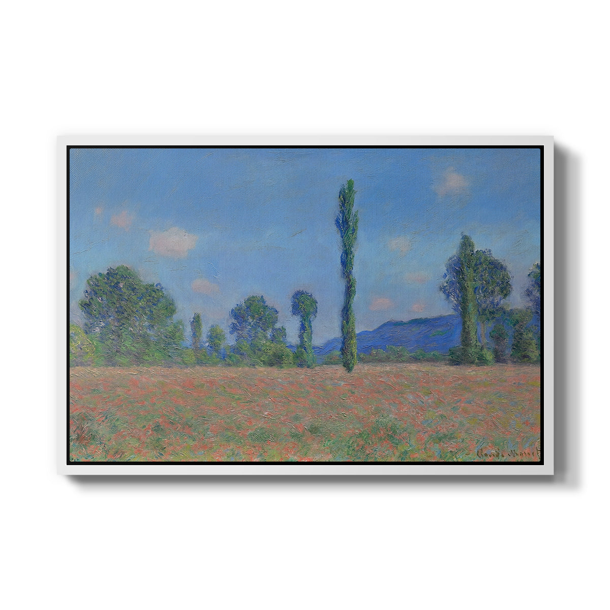 Poppy Field (Giverny), 1890-1891 by Claude Monet in a white floater framed canvas wall art display.