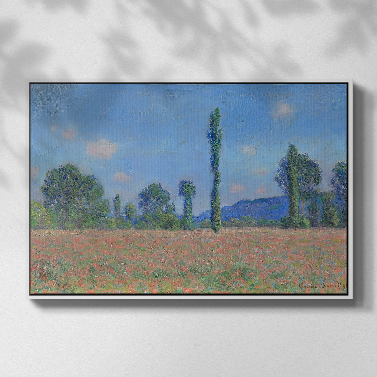Front view of Poppy Field (Giverny), 1890-1891 by Claude Monet in a white floater framed canvas.
