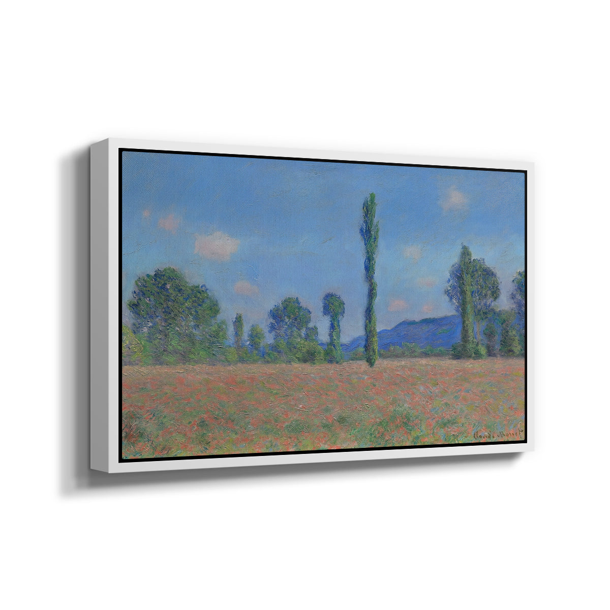 Angled view of Poppy Field (Giverny), 1890-1891 by Claude Monet in a white floater framed canvas.