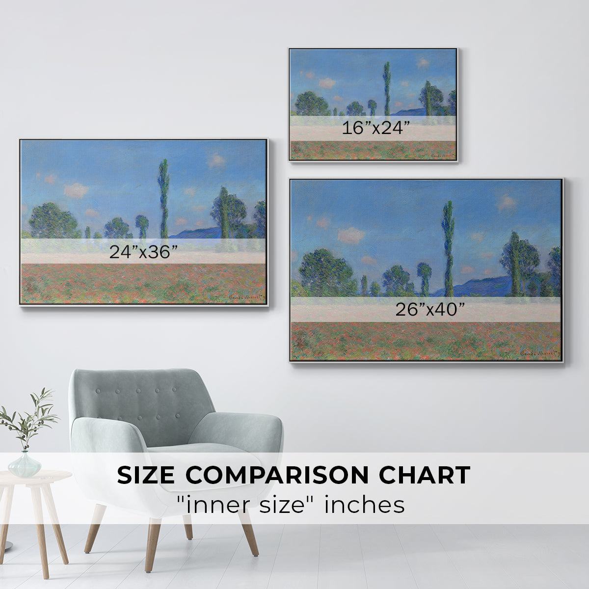 Size comparison chart for white floater framed canvas featuring Poppy Field (Giverny), 1890-1891 by Claude Monet.