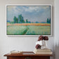 White floater framed canvas featuring The Wheat Field (Champ de Blé), 1881 by Claude Monet above an entryway table in a minimalist foyer.