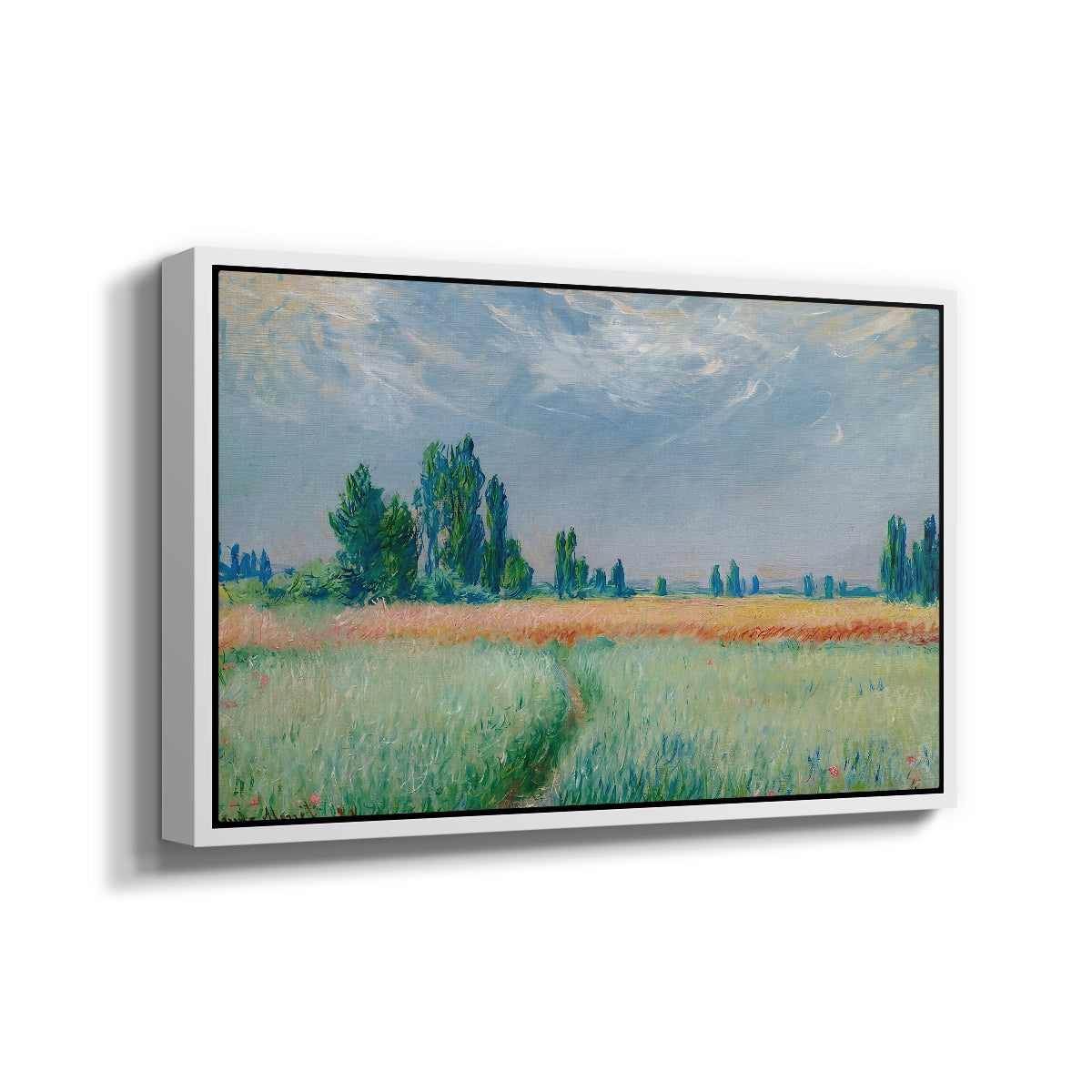 Angled view of The Wheat Field (Champ de Blé), 1881 by Claude Monet in a white floater framed canvas.