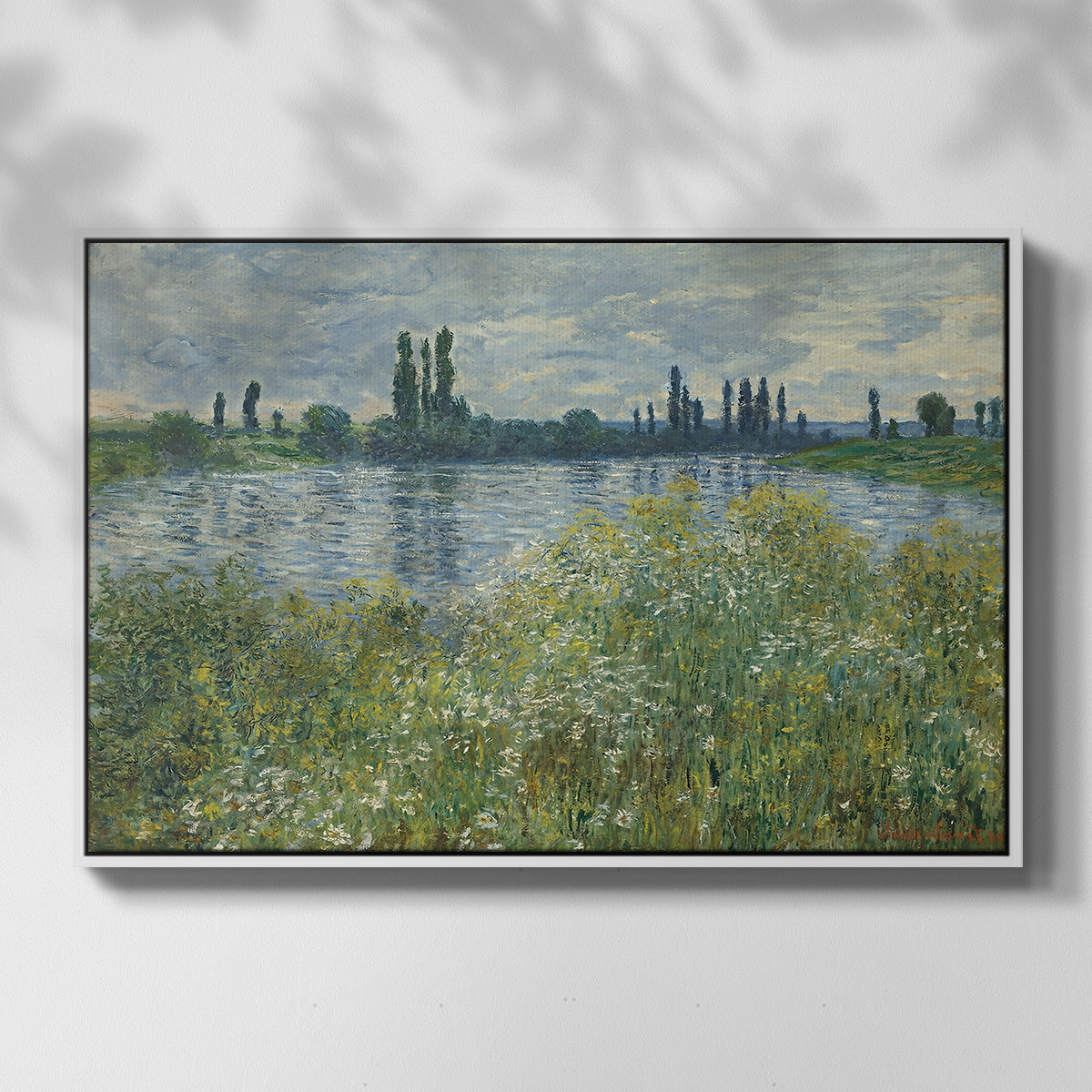 Front view of Banks of the Seine, Vétheuil, 1880 by Claude Monet in a white floater framed canvas.