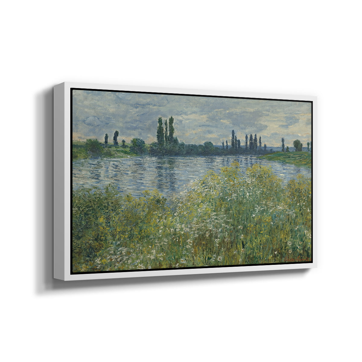 Angled view of Banks of the Seine, Vétheuil, 1880 by Claude Monet in a white floater framed canvas.