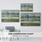 Size comparison chart for white floater framed canvas featuring Banks of the Seine, Vétheuil, 1880 by Claude Monet.