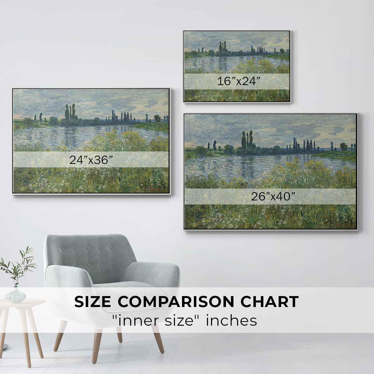 Size comparison chart for white floater framed canvas featuring Banks of the Seine, Vétheuil, 1880 by Claude Monet.