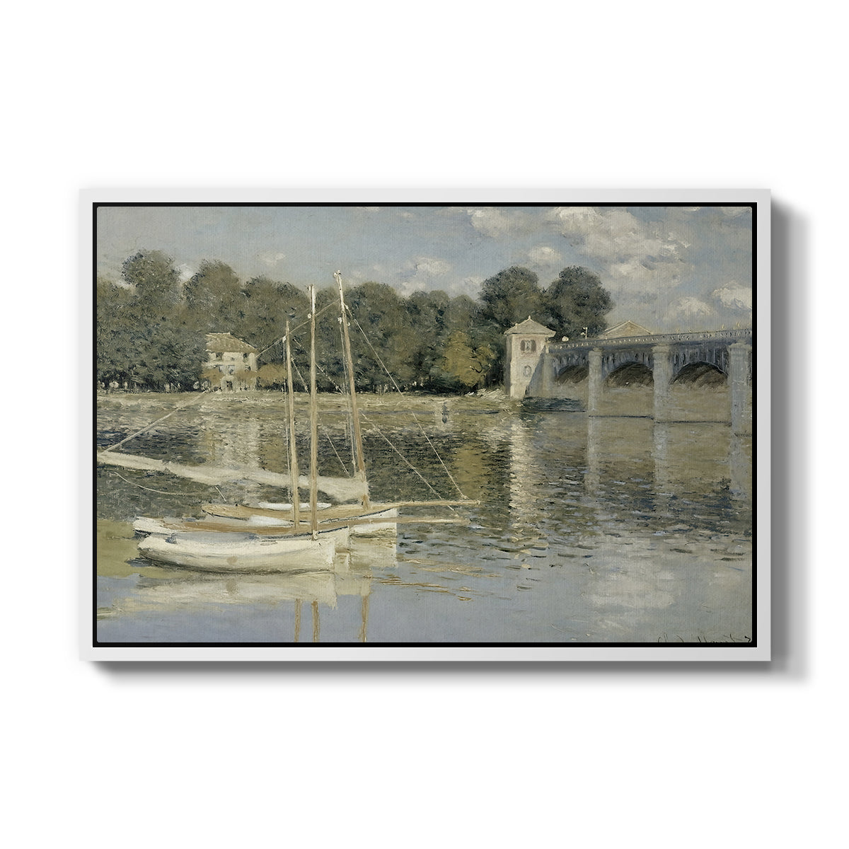 The Bridge at Argenteuil, 1874 by Claude Monet in a white floater framed canvas wall art display.