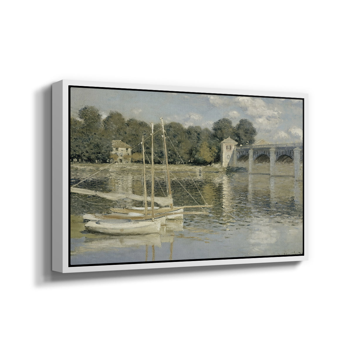 Angled view of The Bridge at Argenteuil, 1874 by Claude Monet in a white floater framed canvas.