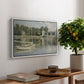 The Bridge at Argenteuil, 1874 by Claude Monet, presented in a white floater framed canvas featuring a bridge spanning river with sailboats and reflections in water, displayed above a hallway console table.
