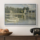 The Bridge at Argenteuil, 1874 by Claude Monet in a white floater framed canvas displayed above a console table in a hallway, featuring a riverside view with architecture and nautical activity.