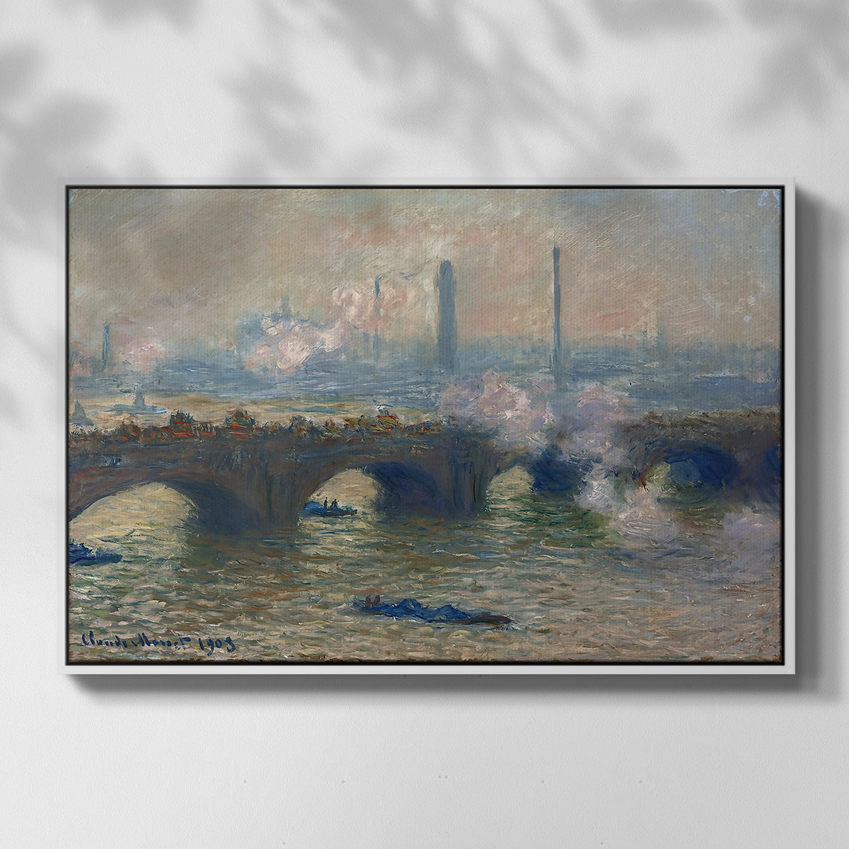 Front view of Waterloo Bridge, Gray Day, 1903 by Claude Monet in a white floater framed canvas.