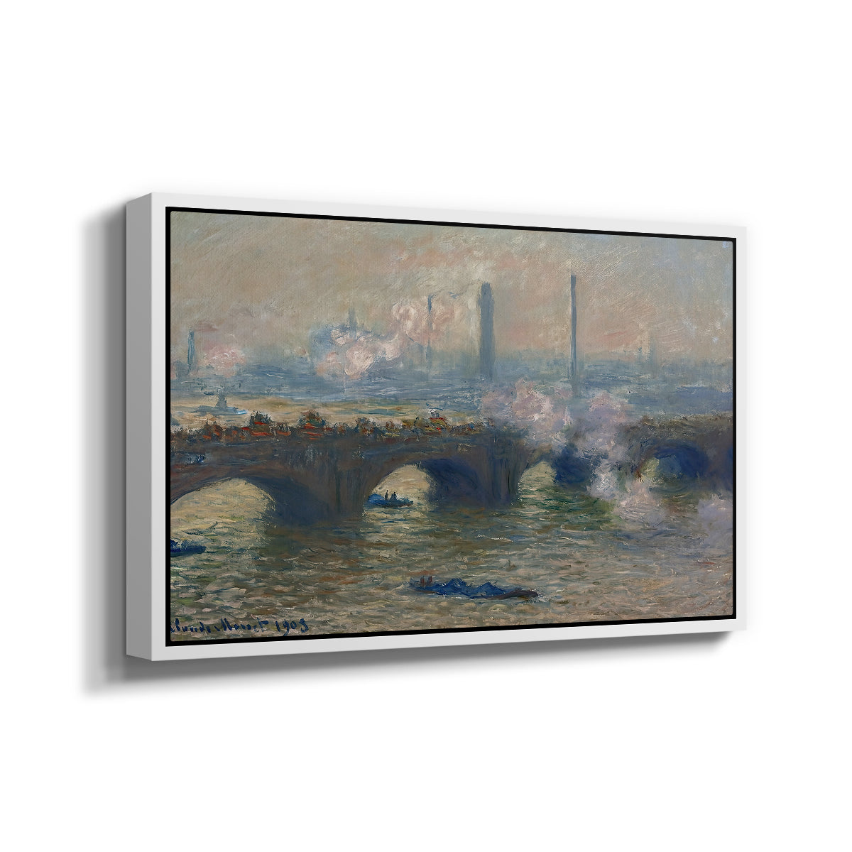 Angled view of Waterloo Bridge, Gray Day, 1903 by Claude Monet in a white floater framed canvas.