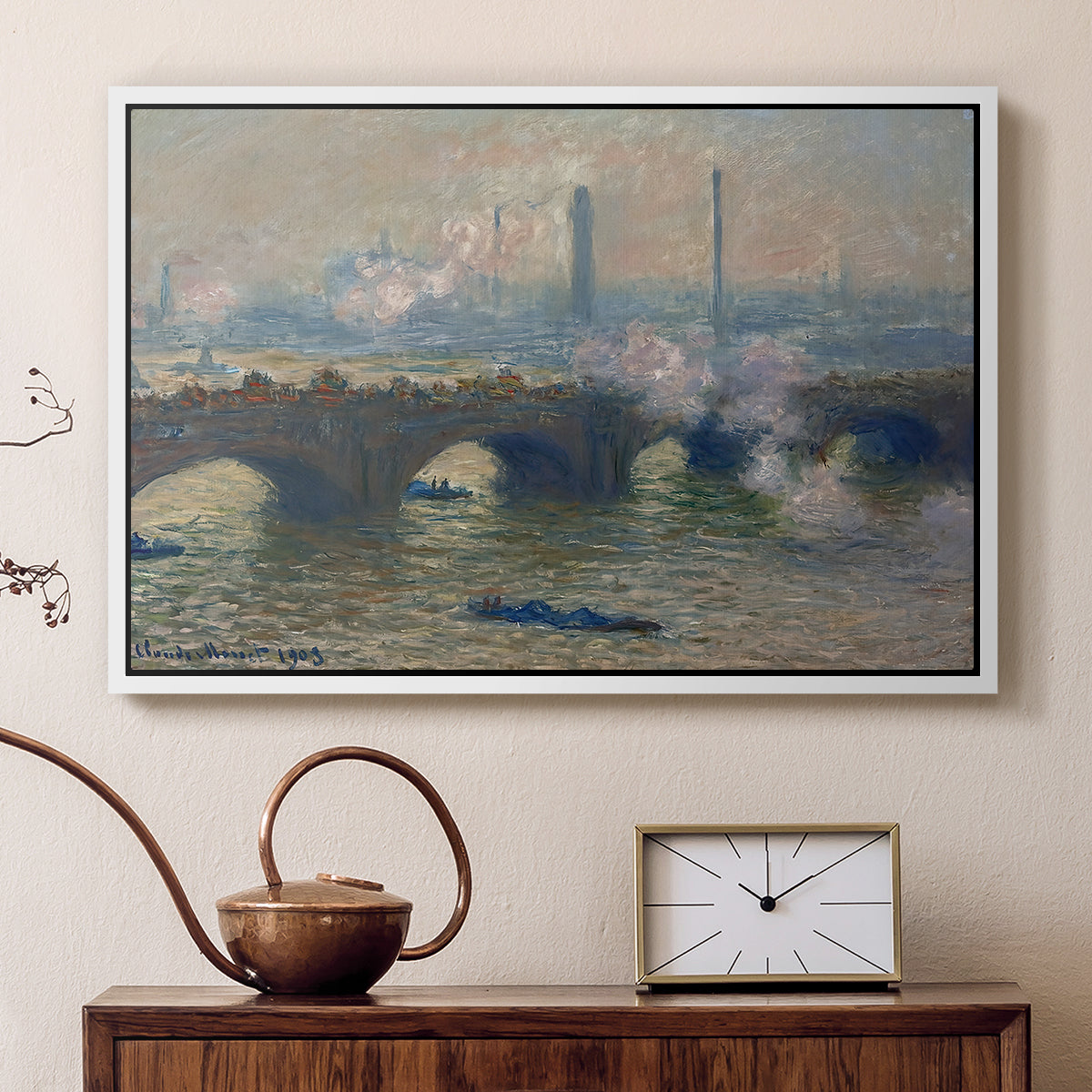 White floater framed canvas featuring a river and bridge scene with diffused light and urban backdrop, displayed above a cabinet in a soft-toned living room.