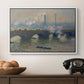 Waterloo Bridge, Gray Day, 1903 by Claude Monet in a white floater framed canvas displayed above a console table in a hallway, featuring a foggy London bridge view with softened architectural forms.