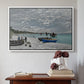 White floater framed canvas featuring The Beach at Sainte-Adresse, 1867 by Claude Monet above an entryway table in a minimalist foyer.