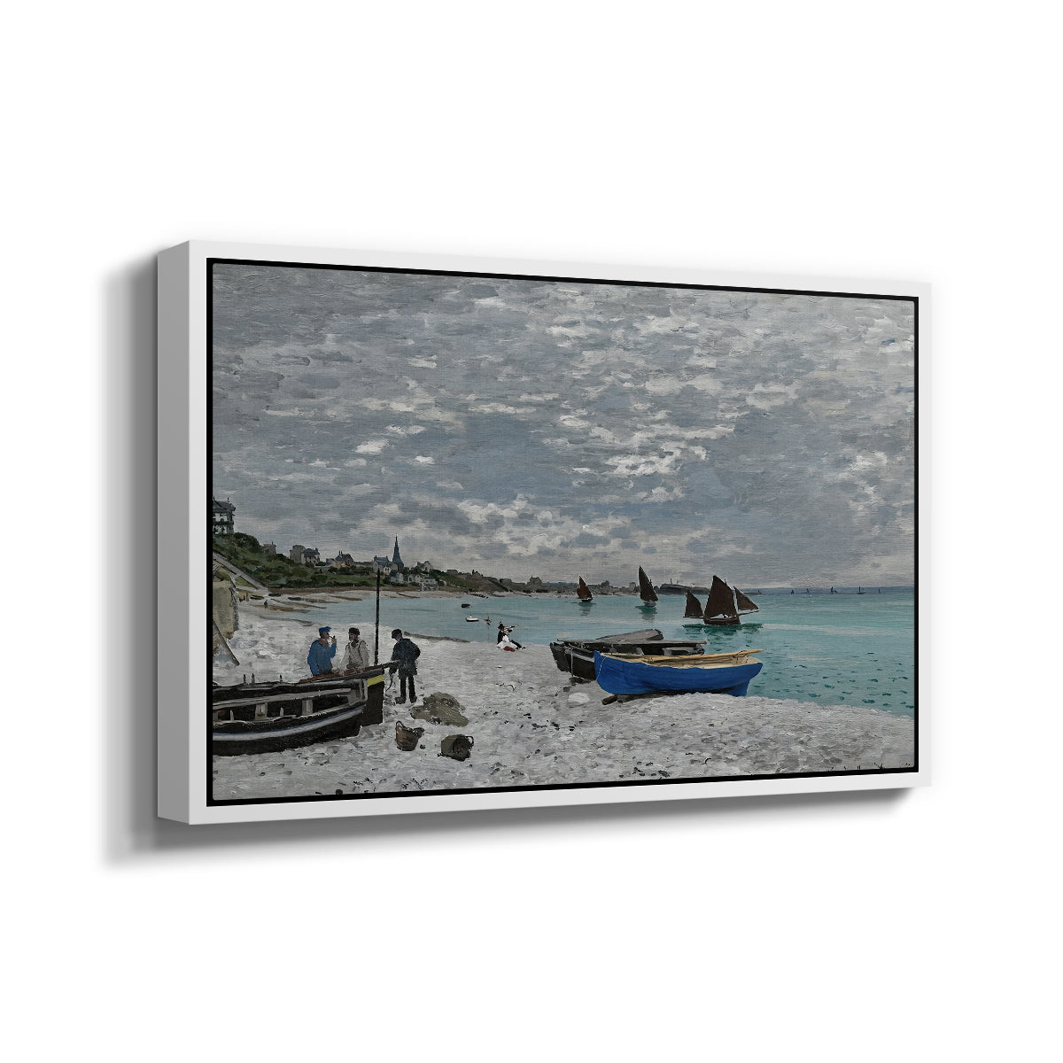 Angled view of The Beach at Sainte-Adresse, 1867 by Claude Monet in a white floater framed canvas.