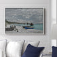 The Beach at Sainte-Adresse, 1867 by Claude Monet displayed above a sofa in a living room in a white floater frame, featuring a lively beach scene with people overlooking water and ships.