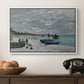 The Beach at Sainte-Adresse, 1867 by Claude Monet in a white floater framed canvas displayed above a console table in a hallway, featuring an impressionist seaside gathering with flags and ocean view.