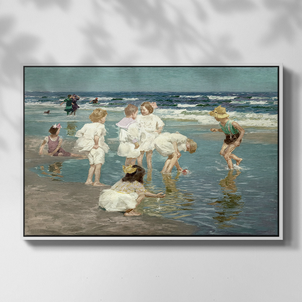 Front view of A Holiday, c. 1915 by Edward Henry Potthast in a white floater framed canvas.