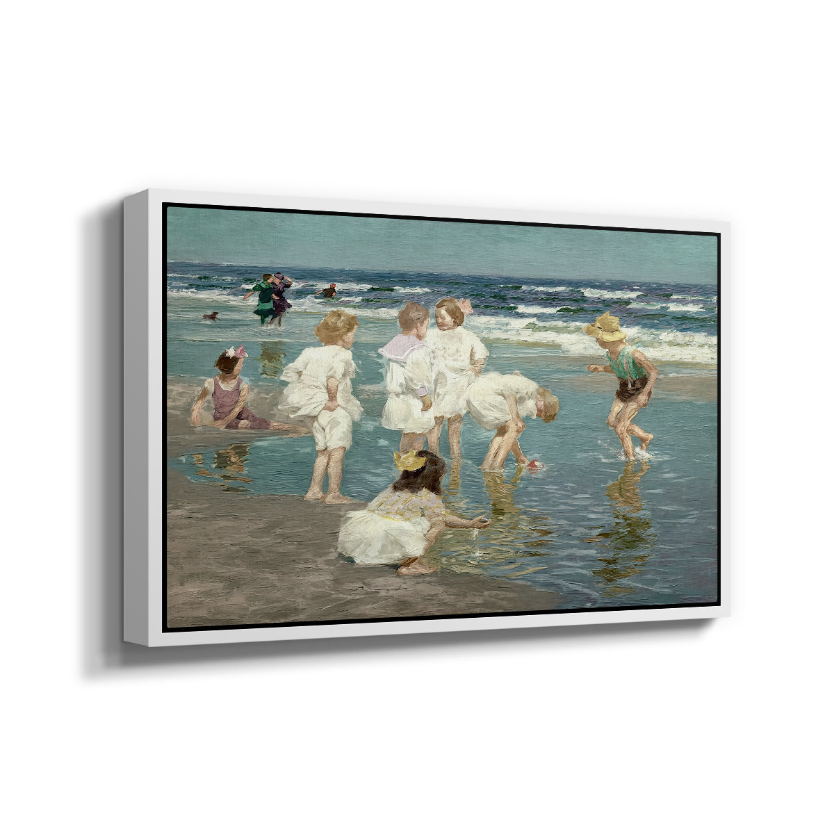 Angled view of A Holiday, c. 1915 by Edward Henry Potthast in a white floater framed canvas.