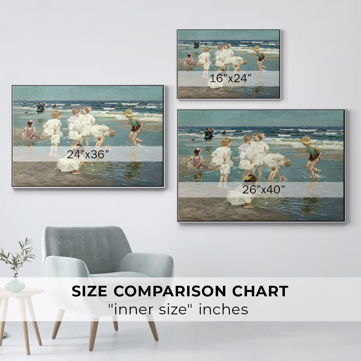 Size comparison chart for white floater framed canvas featuring A Holiday, c. 1915 by Edward Henry Potthast.