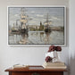 White floater framed canvas featuring Ships Riding on the Seine at Rouen, 1872 by Claude Monet above an entryway table in a minimalist foyer.