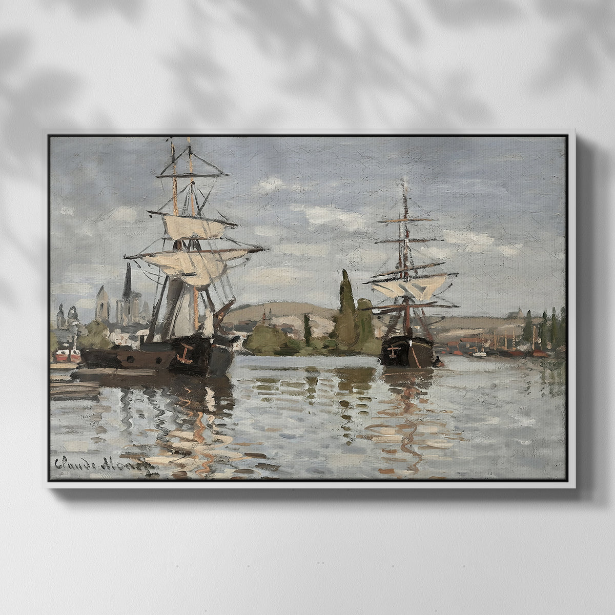 Front view of Ships Riding on the Seine at Rouen, 1872 by Claude Monet in a white floater framed canvas.