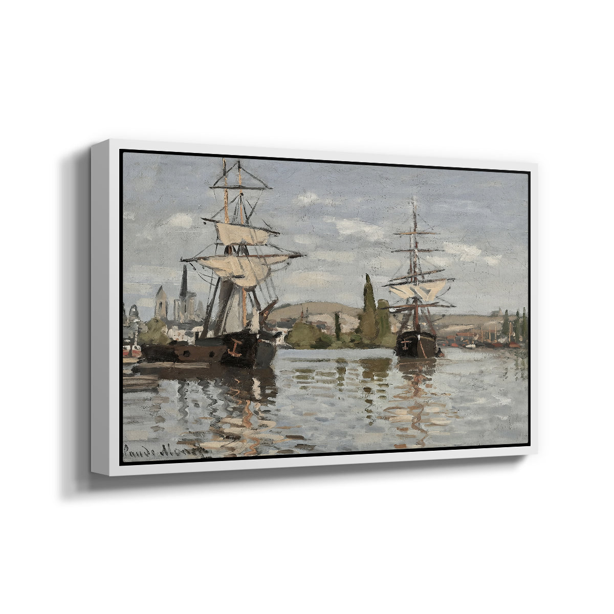 Angled view of Ships Riding on the Seine at Rouen, 1872 by Claude Monet in a white floater framed canvas.