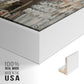 Close-up of the white floater frame corner and gallery wrapped canvas construction.