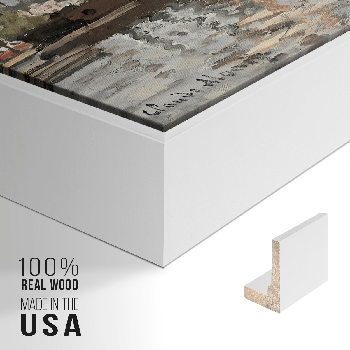Close-up of the white floater frame corner and gallery wrapped canvas construction.