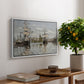 Ships Riding on the Seine at Rouen, 1872 by Claude Monet, presented in a white floater framed canvas featuring large ships docked along the Seine with masts rising against soft sky, displayed above a hallway console table.